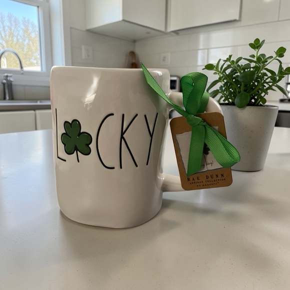 Rae Dunn Other - Rae Dunn Lucky White Mug with Green Shamrock